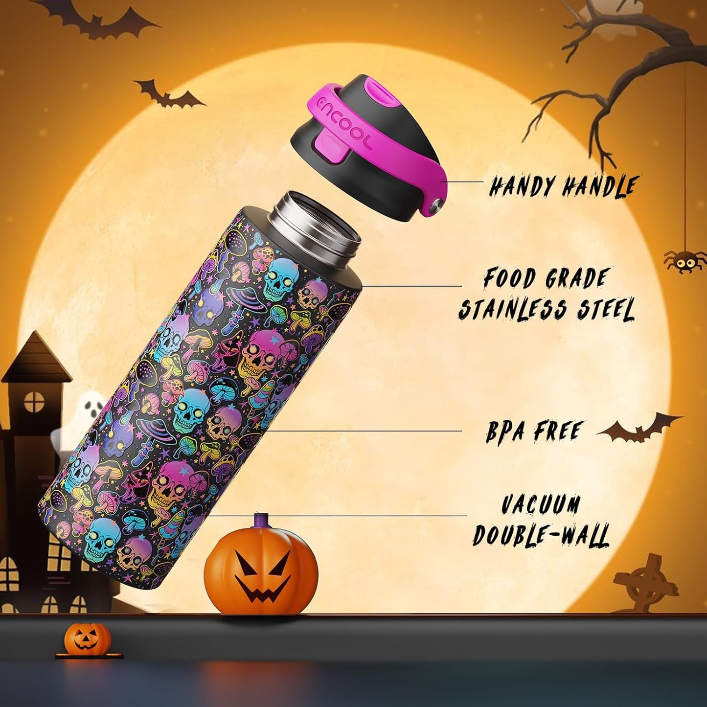 Halloween Gothic Water Bottle with Straw, Stainless Steel Insulated Water Bottle,Leak Proof, One-Touch Flip Lid, BPA Free, Holiday Gifts for Women Men, 24Oz, Trippy Skulls