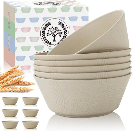 Wheat Straw Cereal Bowls Set of 6 | Microwave and Dishwasher Safe | Patented Textured Grip | Ideal for Cereal, Soup, and Salad | Eco-Friendly Alternative to Plastic (Beige)