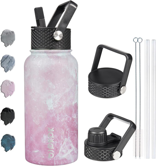Insulated Water Bottles with Straw Lid, 27Oz Stainless Steel Water Bottle with 3 Lids, Leak Proof BPA Free Metal Thermo, Mugs, Tumblers, Keep Cold Hot - Blossom