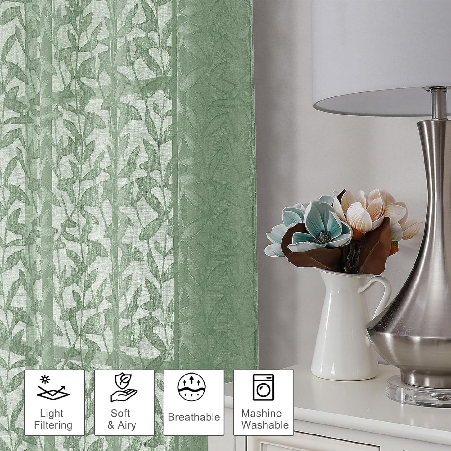 Sage Green Sheer Curtains 84 Inches Long 2 Panels Set, Light Filtering Soft Airy Leaf Elegant Sheer Curtains for Bedroom Living Room, 42Wx84L Inches, 2 Panels