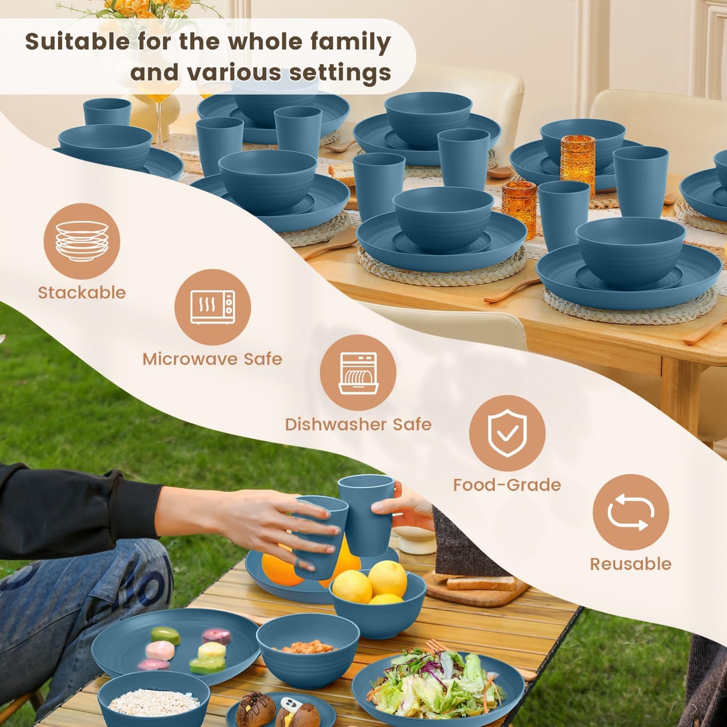 Premium Wheat Straw Dinnerware Set - Complete with Dinner Plates, Dessert Plates, Cereal Bowls, and Drinking Glasses - Microwave and Dishwasher Safe - Perfect for Camping - Blue