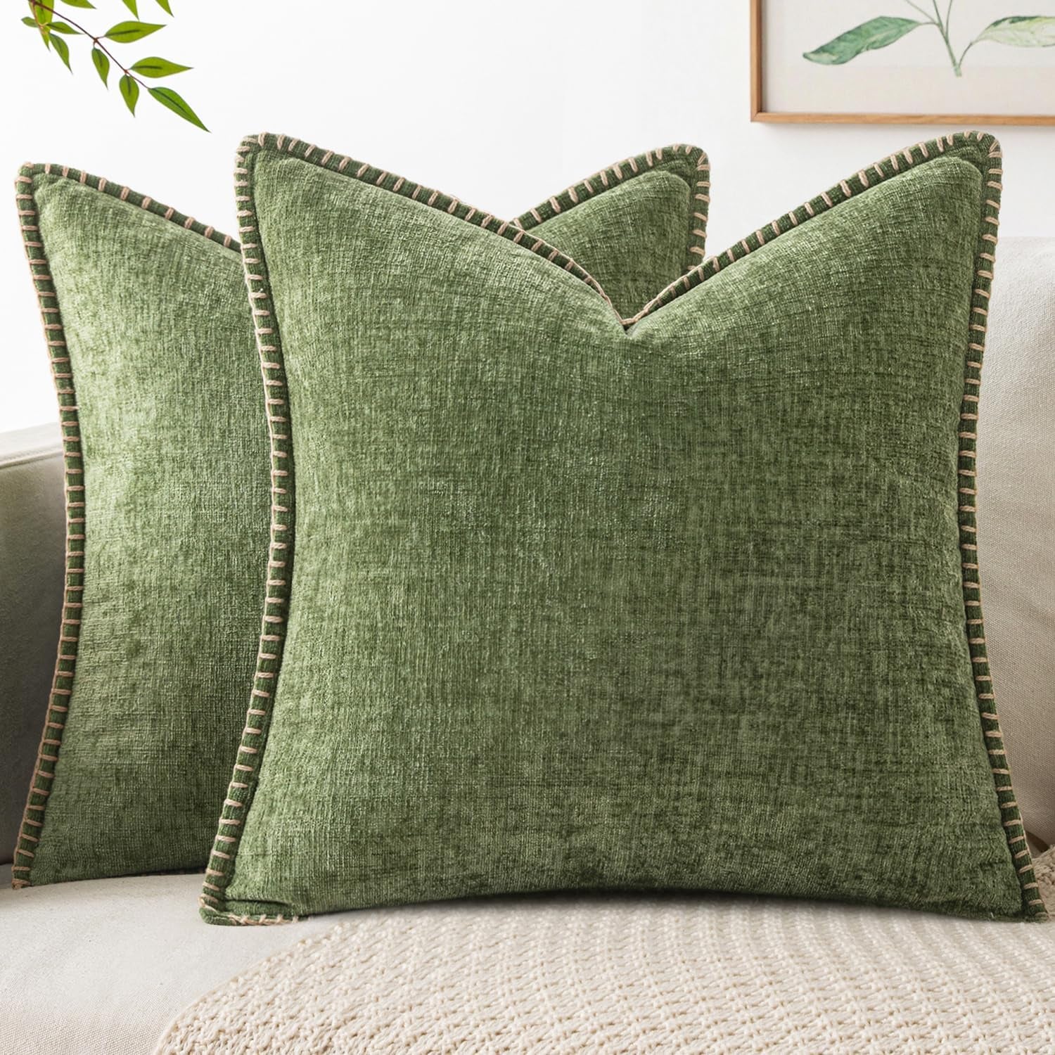 Pack of 2 Fall Couch Throw Pillow Covers 18X18 Inch Sage Green Farmhouse Decorative Pillow Covers with Stitched Edge Soft Chenille Solid Dyed Spring Pillow Covers for Sofa Bed Living Room