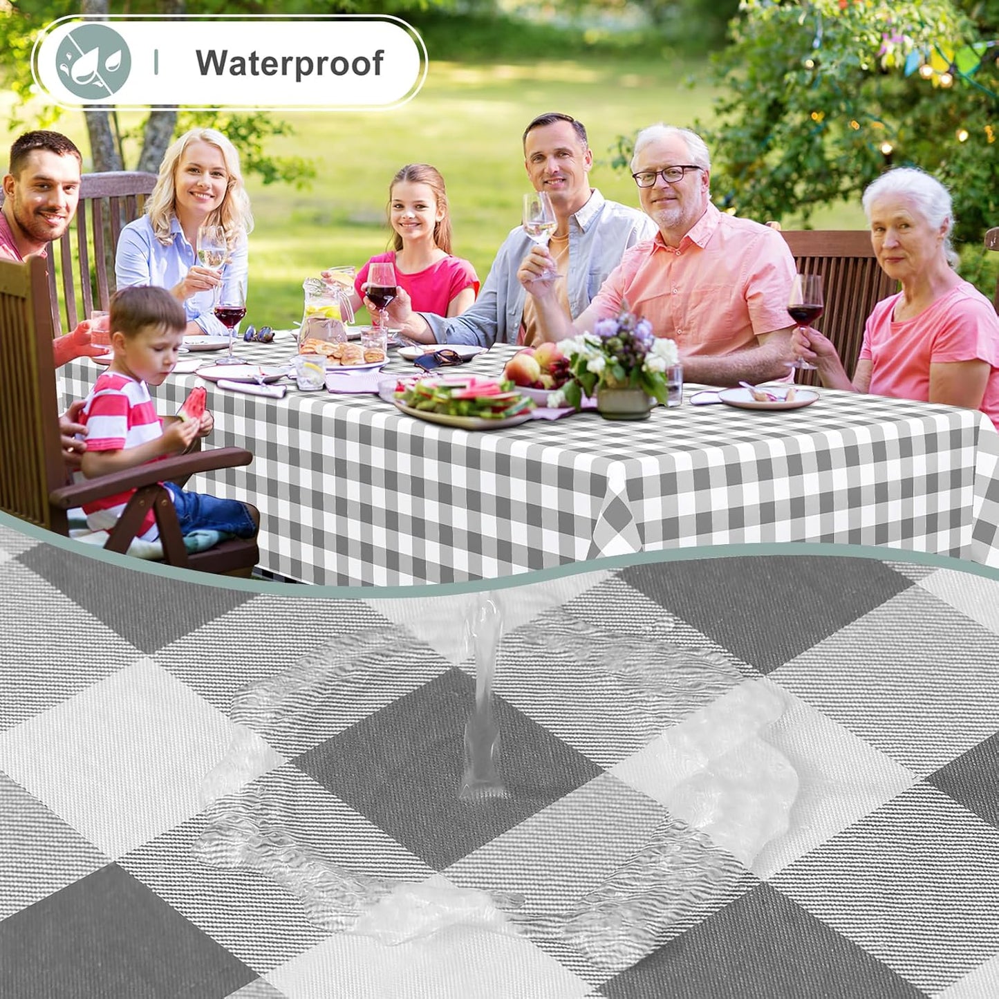 Rectangle Waterproof Vinyl Table Cloth, Buffalo Flannel Backed Tablecloth, Wipeable Plastic Table Cover for Dinner, Kitchen, Outdoor (60" X 84", Grey and White)