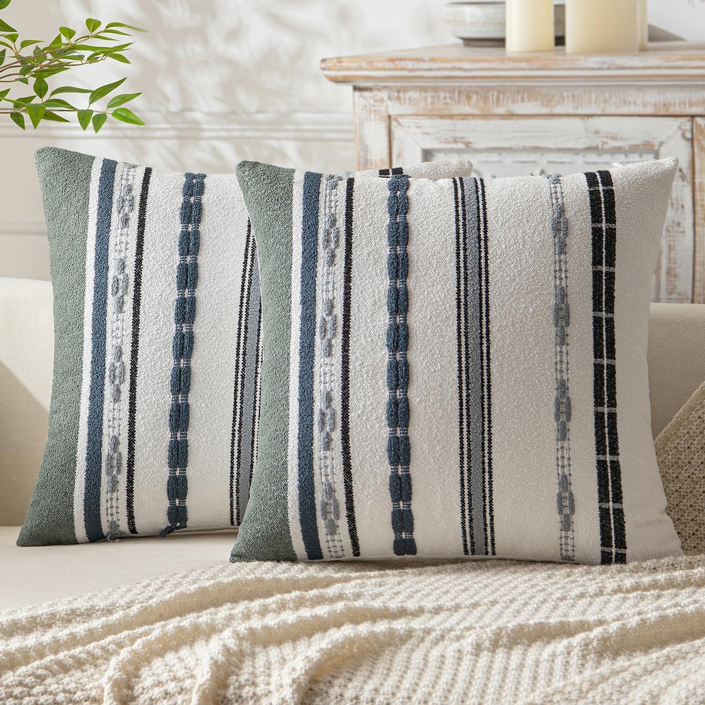 Fall Set of 2 Decorative Throw Pillow Covers Boho Farmhouse Cushion Covers Chenille Striped Pillow Covers Soft Accent Neutral Pillowcases for Sofa Couch Bed Home Decor,18×18 Inch,Black