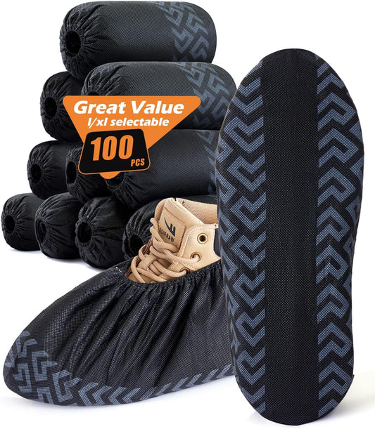 Recycable Shoe Covers Disposable Non-Slip for Indoors - 100Pack(50 Pairs) Thick Breathable Cloth Boot Covers, Large Size Protector Covers Fits up to 10 US Men and 11 US Women Size,Black
