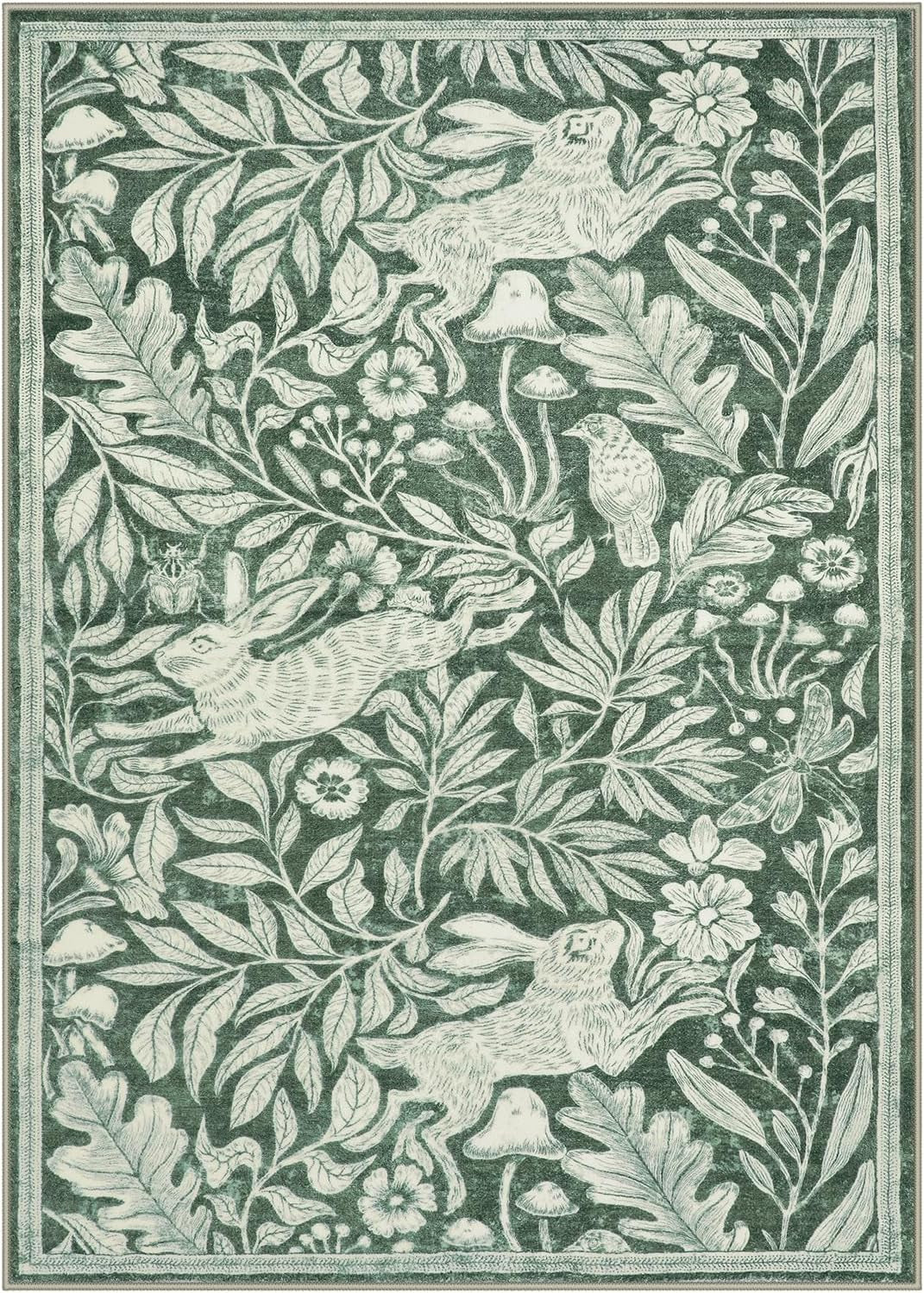 Rabbit 5X7 Washable Rugs for Living Room, Animal Soft Rugs for Dining Room, Whimsical Forest Woodland Print Green Carpet for Bedroom, Nature Non Shedding Non Slip Carpets Accent Rug