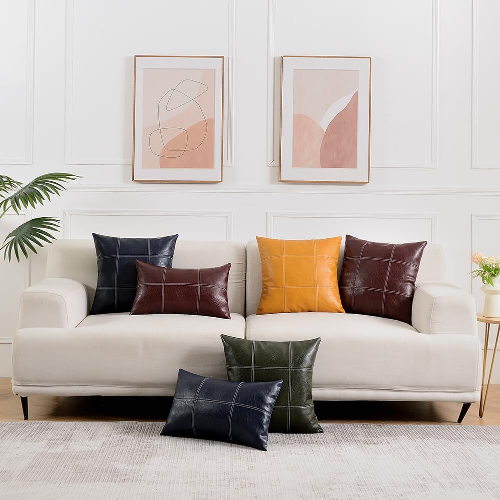 2 Packs Burgundy Boho Lumbar Plaid Faux Leather Decorative Throw Pillow Covers 12X20 Inch for Couch Bed Sofa, Hand Stitched Rectangle Cushion Case, Rustic Modern Farmhouse Home Décor