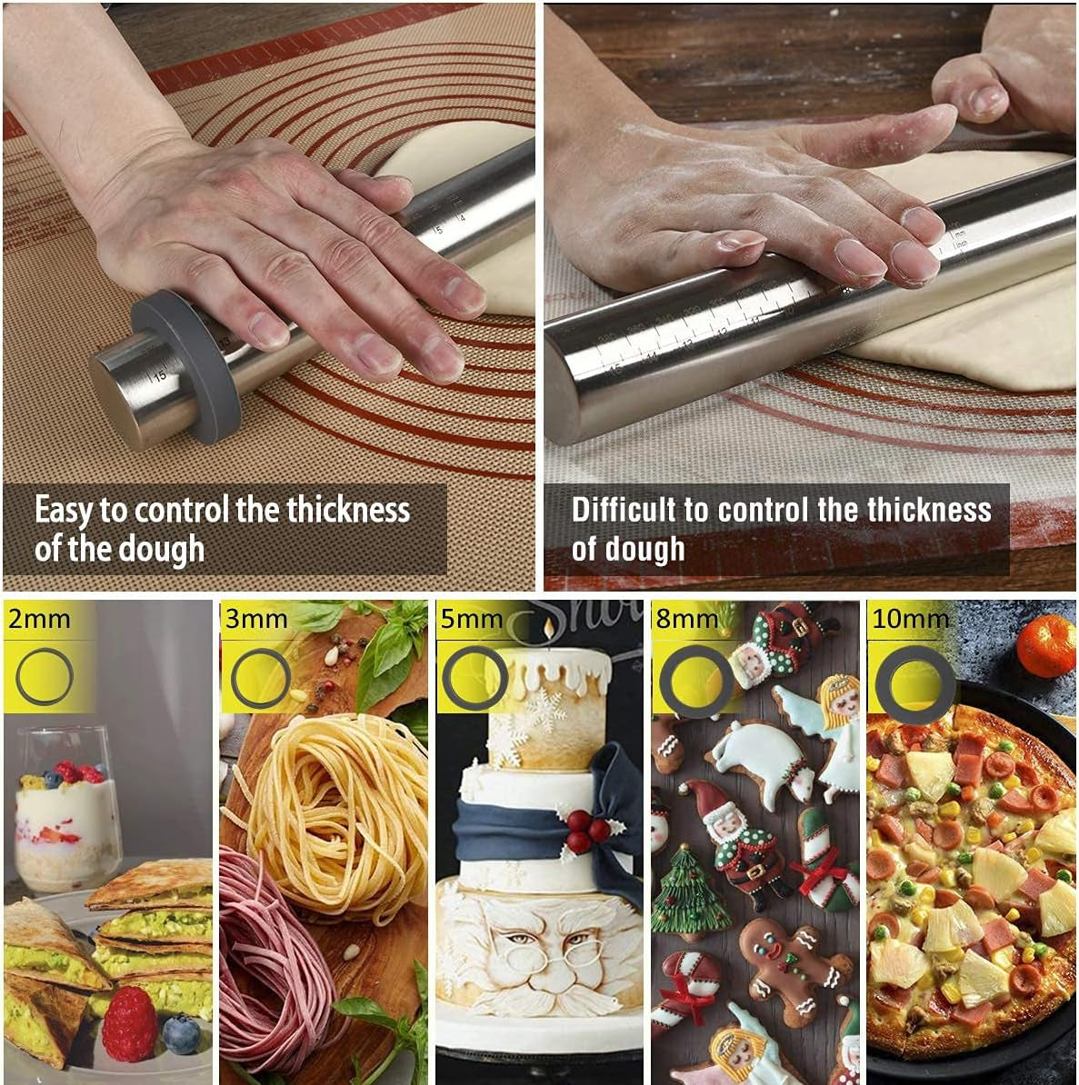 Silicone Guide Rings for Rolling Pin (10 Piece Set) Silicon Thickness Spacer Bands for Baking Dough Roller Fit 1.5 Inches(3.8Cm) Wide Roll Pins,By