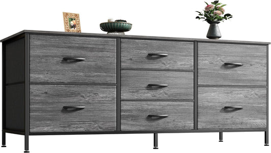 7-Drawer Fabric Dresser and 47-Inch TV Stand for 43-55 Inch TVs, Wide Chest of Drawers for Bedroom Storage, Metal Frame, Grey