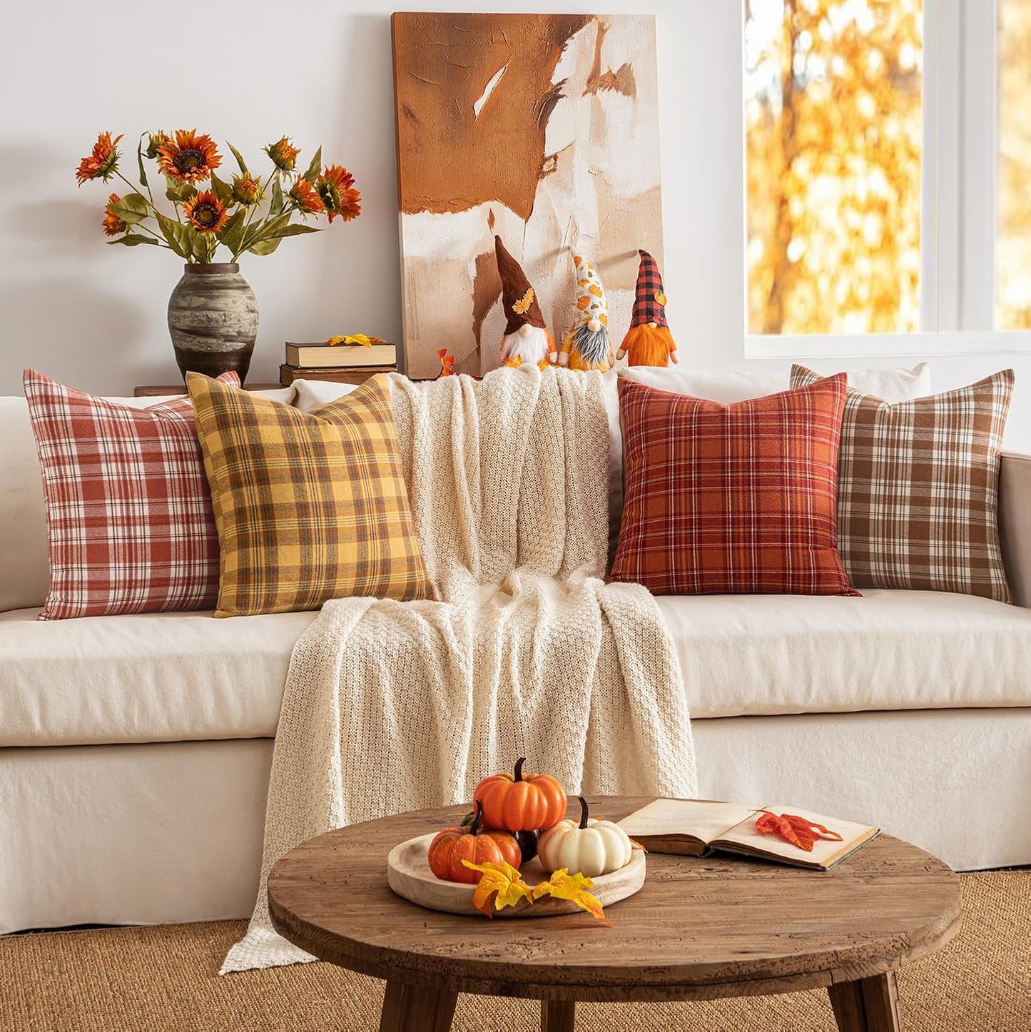 Set of 2 Scottish Tartan Plaid Throw Pillow Covers - Classic Farmhouse Decorative Outdoor Square Cushion Cases for Sofa and Couch, 18x18 Inch, Rust