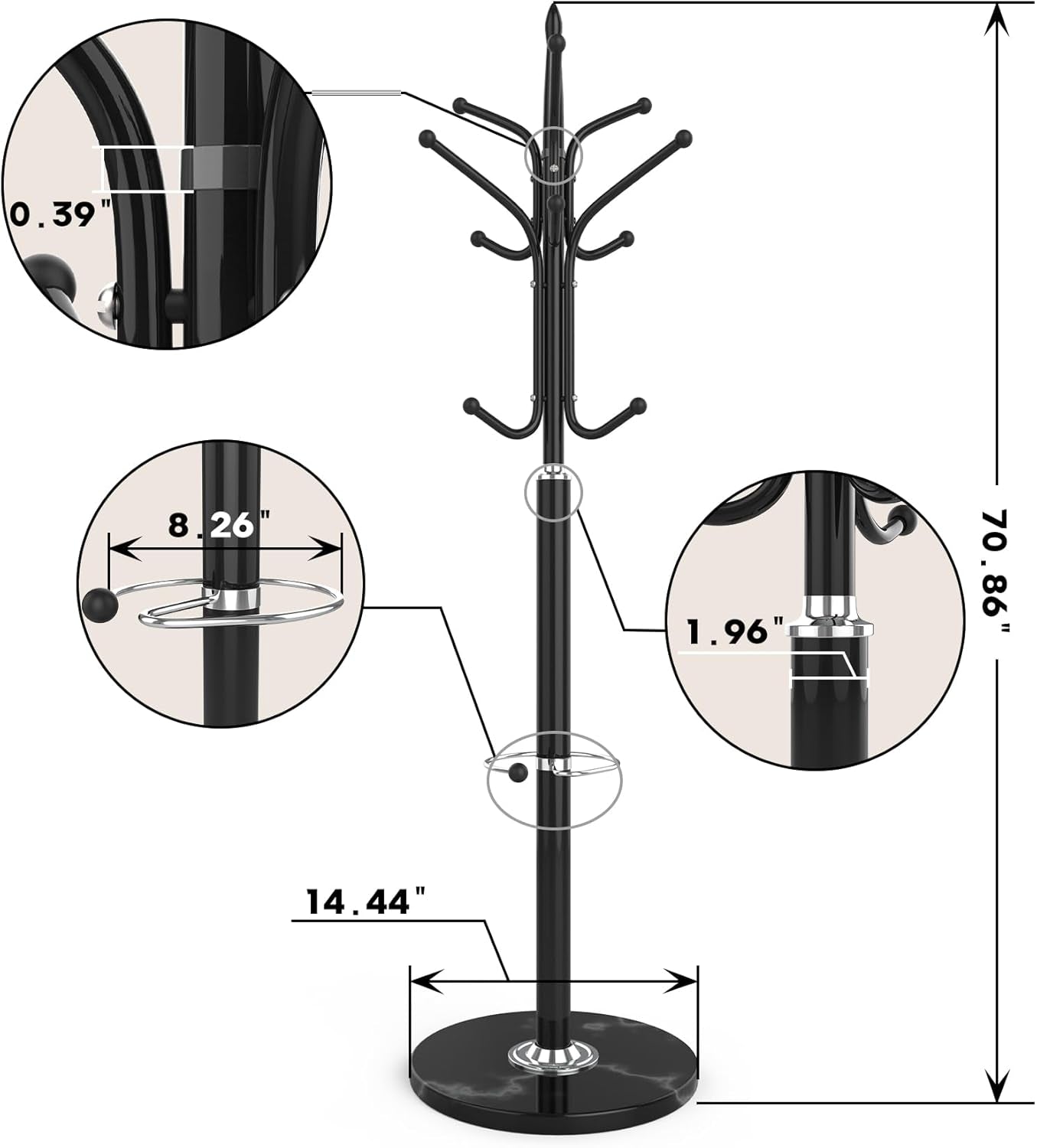 Metal Coat Rack Freestanding, Coat Hanger Stand with Natural Marble Base, Standing Coat Rack with Umbrella Holder, Hall Tree with 12 Hooks for Clothes, Hats, Scarves, Entryway(Black)