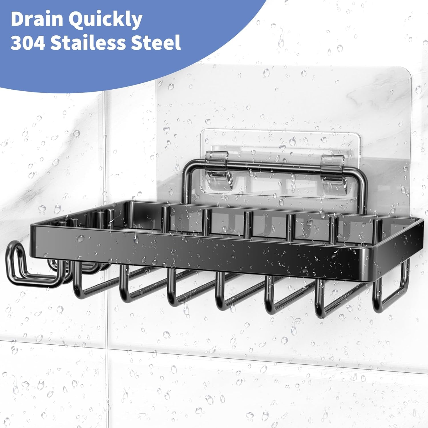 Black Soap Dish, Soap Bar Holder for Shower, No Drilling Bathroom Accessories, Wall Mounted Soap Holder with Hooks, Shower Rack Tray Bar for Suitable for Bathroom, Kitchen Sink