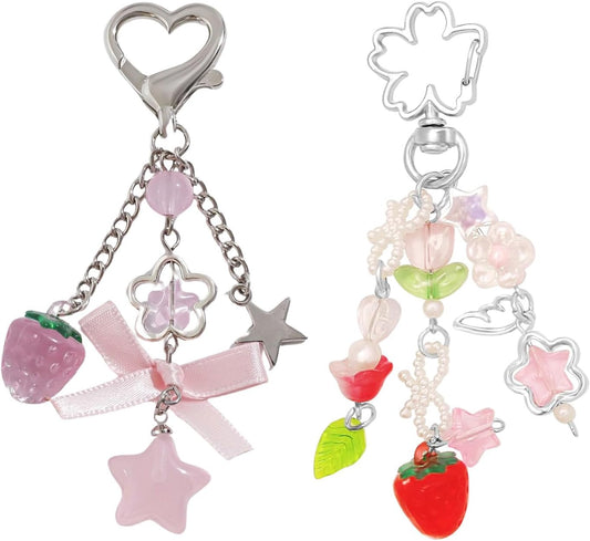 Cute Coquette Aesthetic Y2K Kawaii Keychain Strawberry Bow Star Pendants Keyrings Kawaii Accessories Keychain for Backpacks Purses Bags (Style 2)
