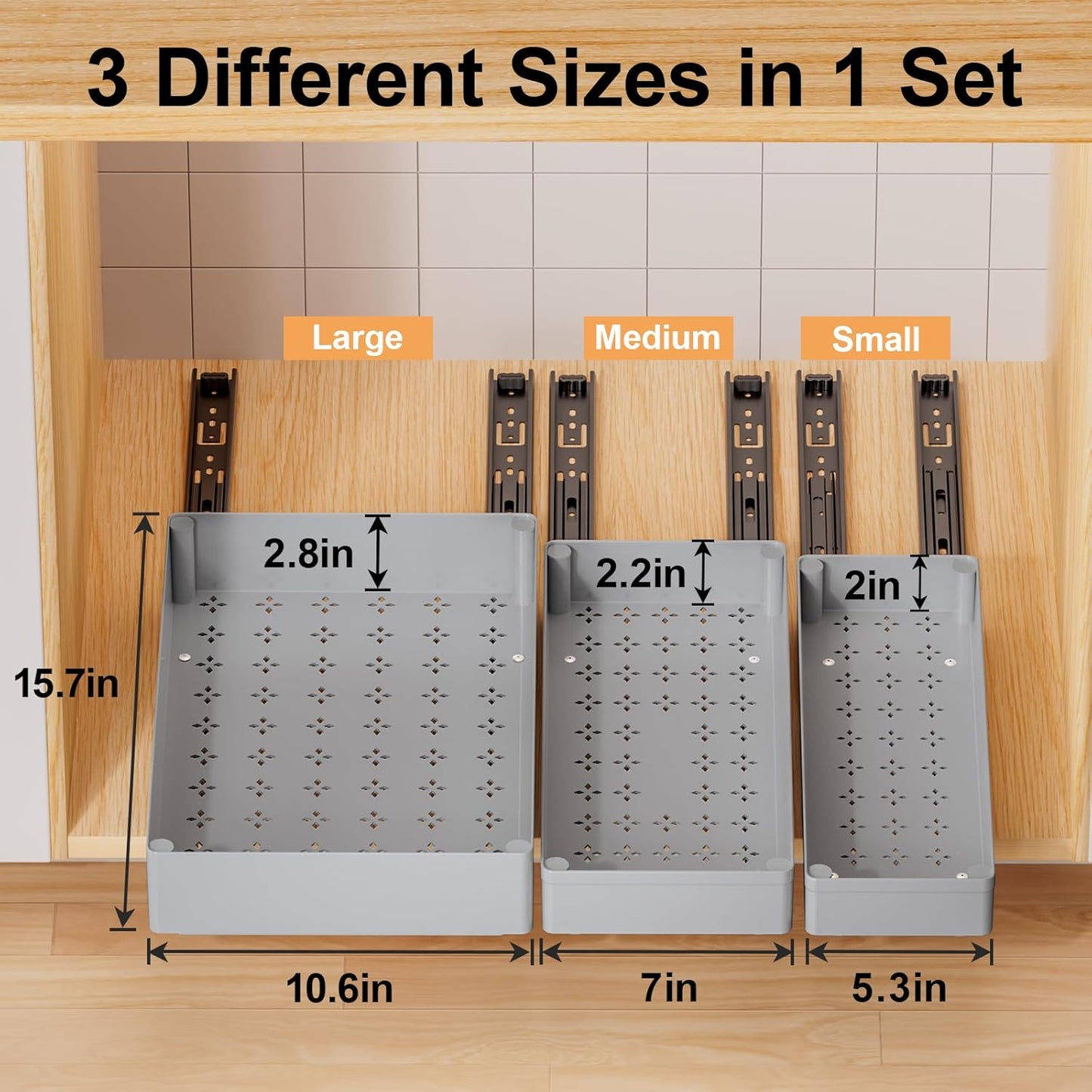 3 Pack Pull Out Cabinet Organizer, 15.7" Deep Pull Out Drawers for Cabinets, Slide Out Drawers for Kitchen Cabinets, Bathroom Cabinet Organizer, Pantry (Grey)