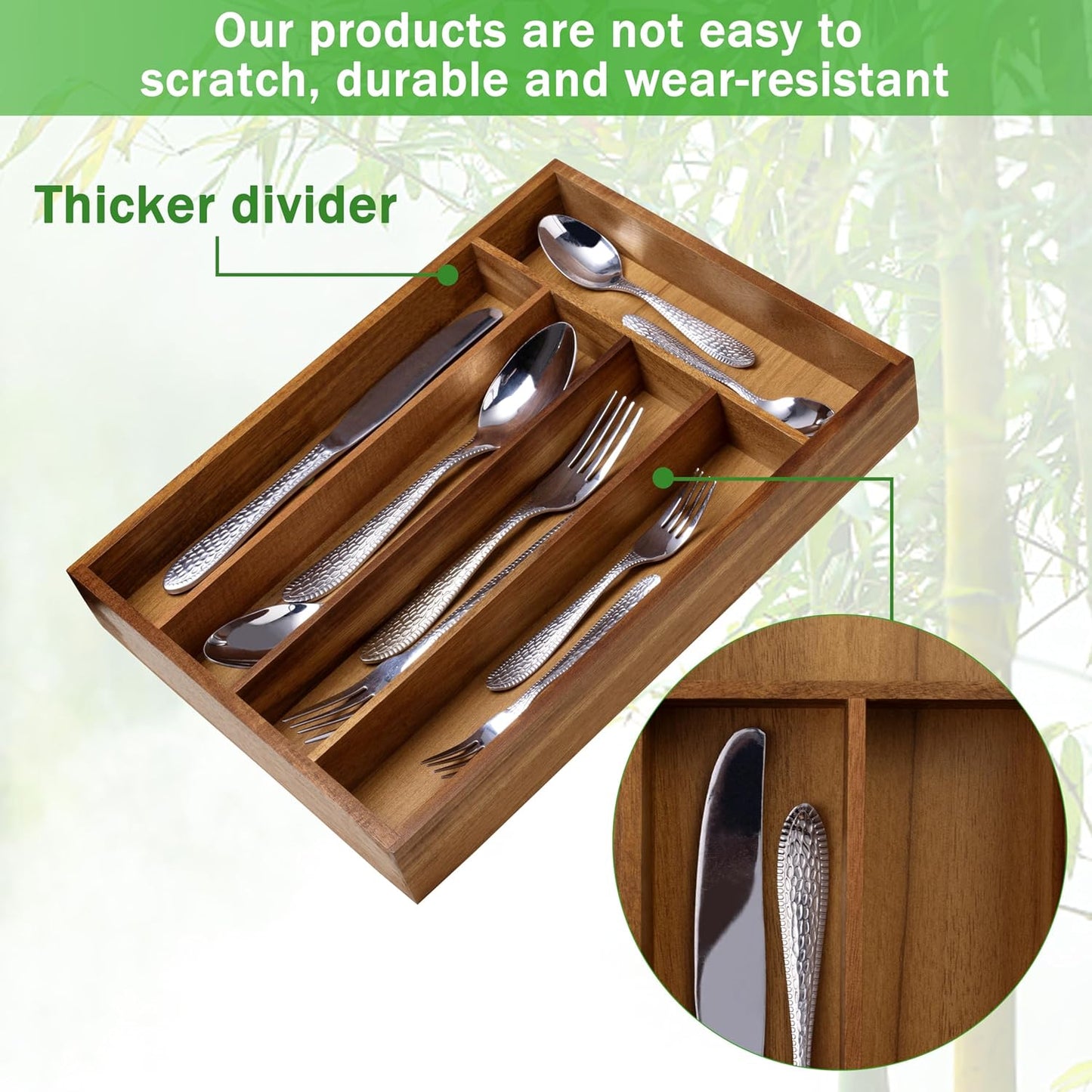 Silverware Organizer 10 in Utensil Organizer Silverware Tray for Drawer Cutlery Flatware Organizer for Kitchen Acacia Wood