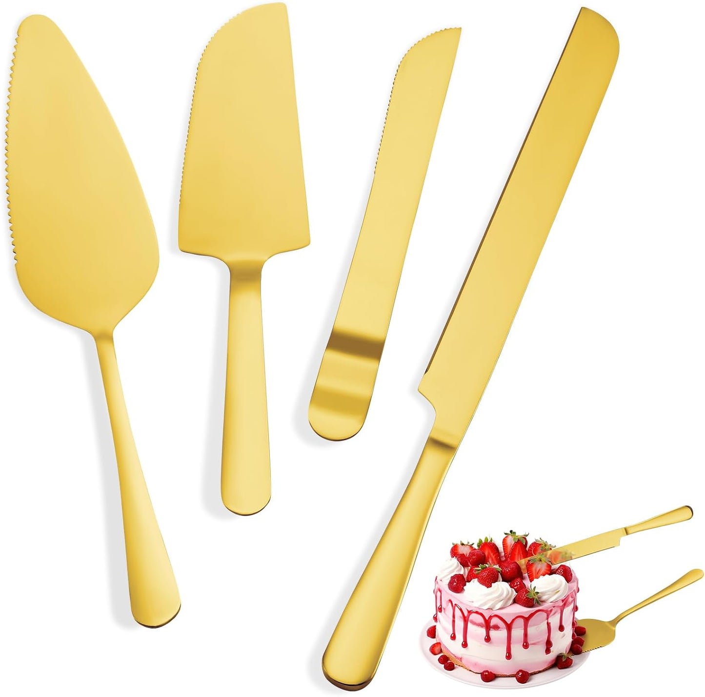 4 Pcs Gold Cake Cutting Set, Premium Cake Cutter & Pie Server Set for Wedding, Thickened Stainless Steel Cake Knife and Server with Rounded Edges, Pie Server Spatula Birthday Christmas Gift