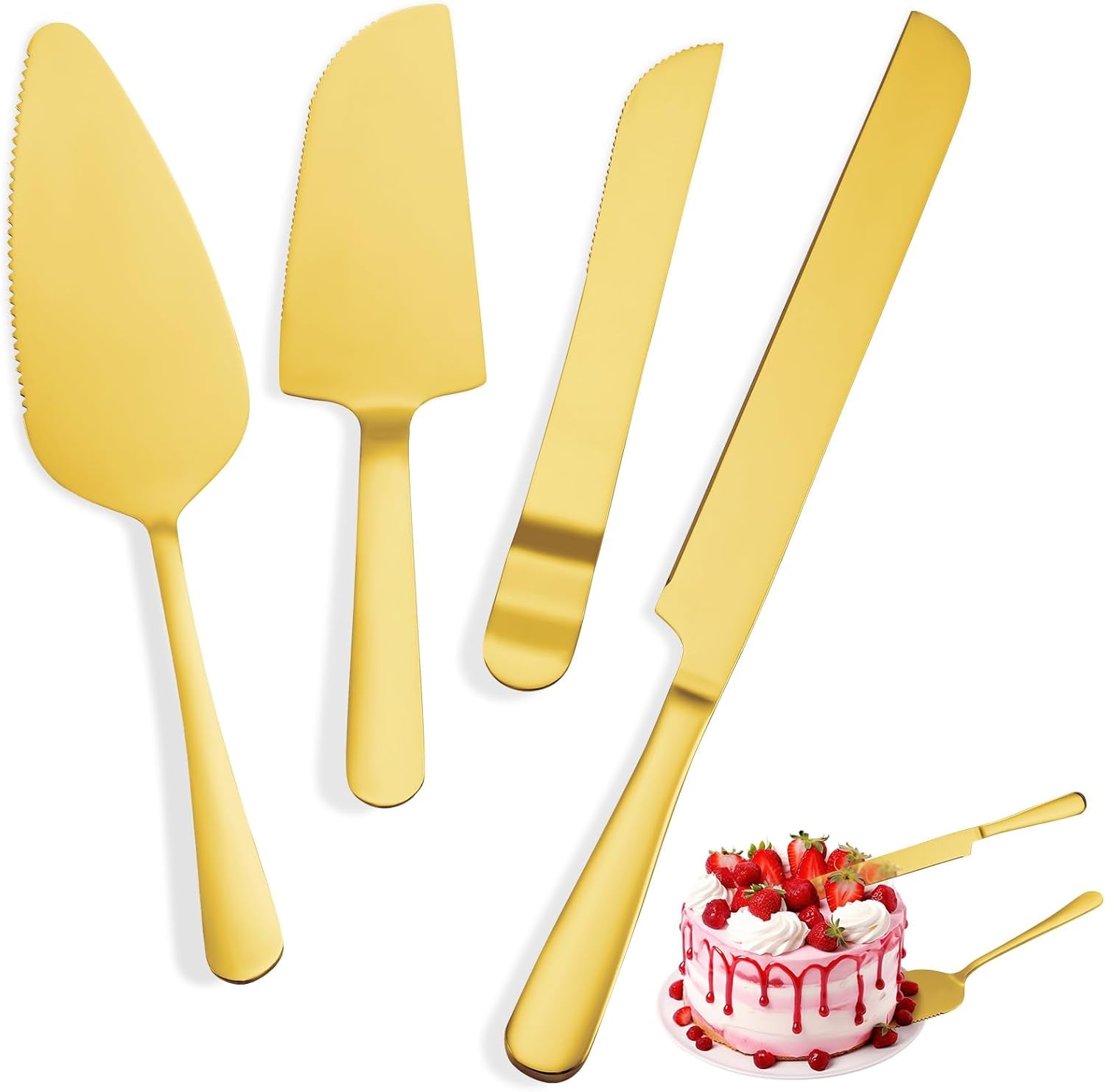 4 Pcs Gold Cake Cutting Set, Premium Cake Cutter & Pie Server Set for Wedding, Thickened Stainless Steel Cake Knife and Server with Rounded Edges, Pie Server Spatula Birthday Christmas Gift