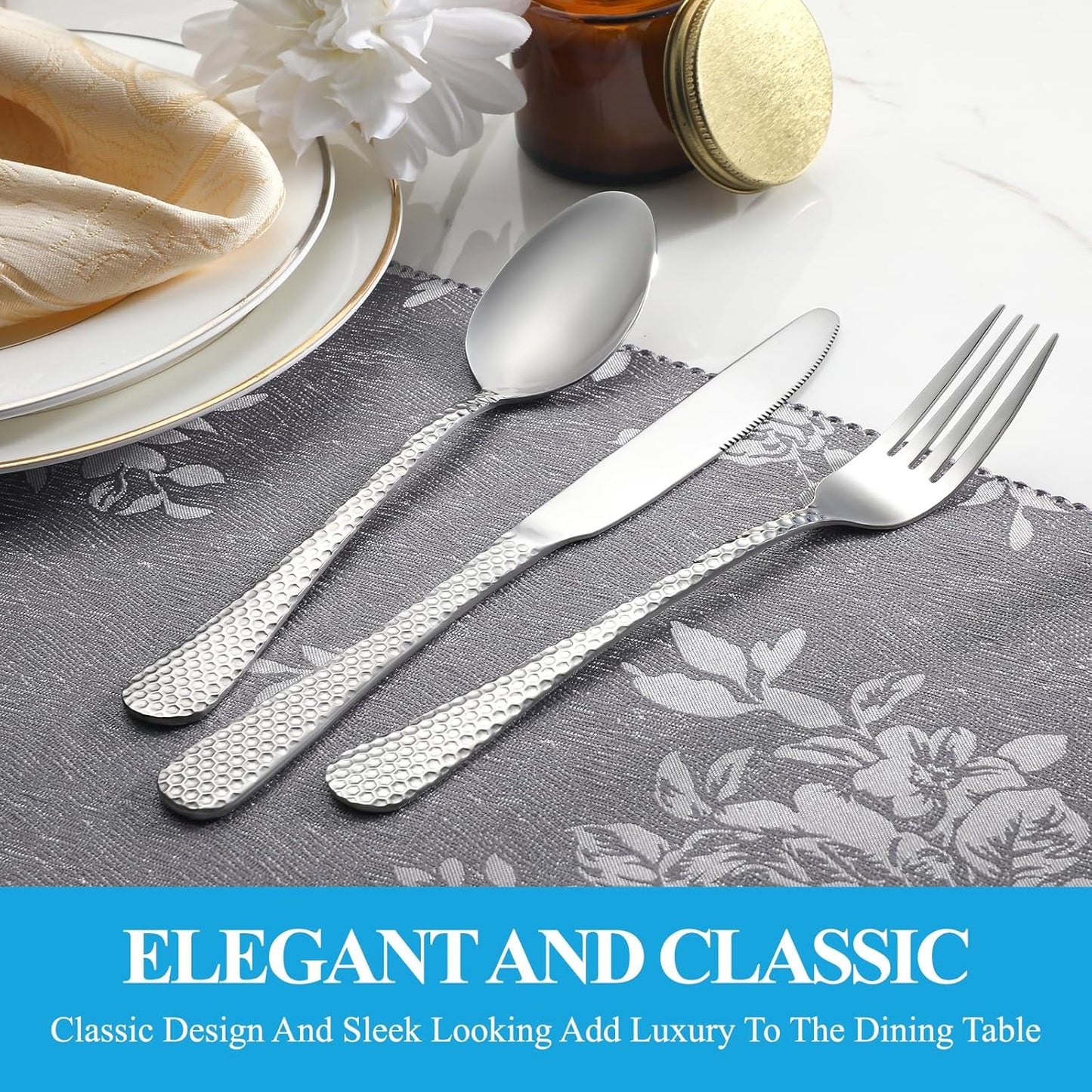 30 Pcs Hammered Silverware Set Service for 6,Stainless Steel Flatware Set,Mirror Polished Cutlery Utensil Set,Durable Home Kitchen Eating Tableware Set,Include Fork Knife Spoon Set,Dishwasher Safe