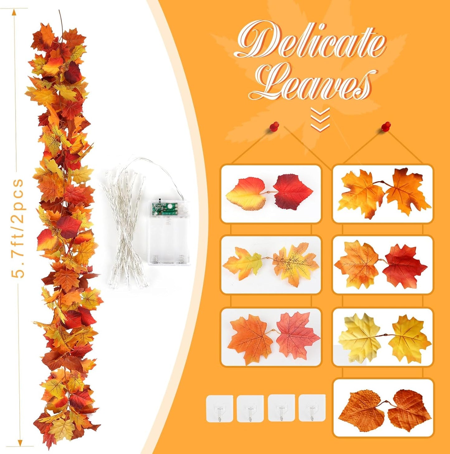 2 Pack Fall Garland with Lights, Fall Leaves for Mantle, Outdoor Lighted up Leaf Garland Autumn Decor with 6.5FT LED String Lights, Hanging Maple Leaves for Door, Thanksgiving Decor