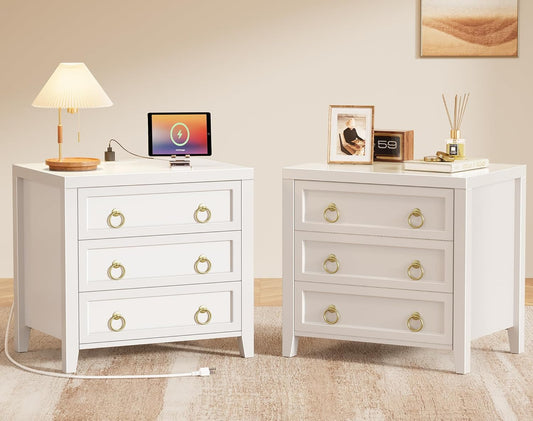 Modern White Nightstand Set of 2 with Charger Station and USB-C Port, 3 Drawer Bedside Tables, Larger and Wider Design for Bedroom
