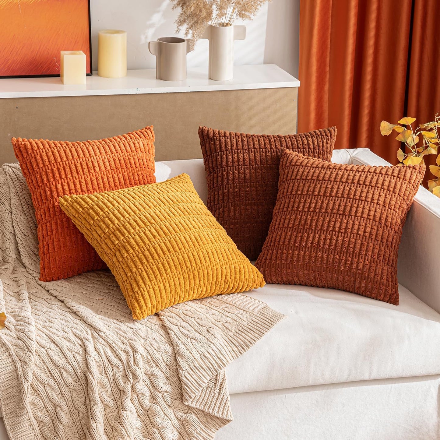 Pack of 2 Dark Rust Corduroy Decorative Fall Pillow Covers 18X18 Inch Soft Boho Striped Throw Pillow Covers Modern Farmhouse Home Decor for Summer Sofa Living Room Couch Bed