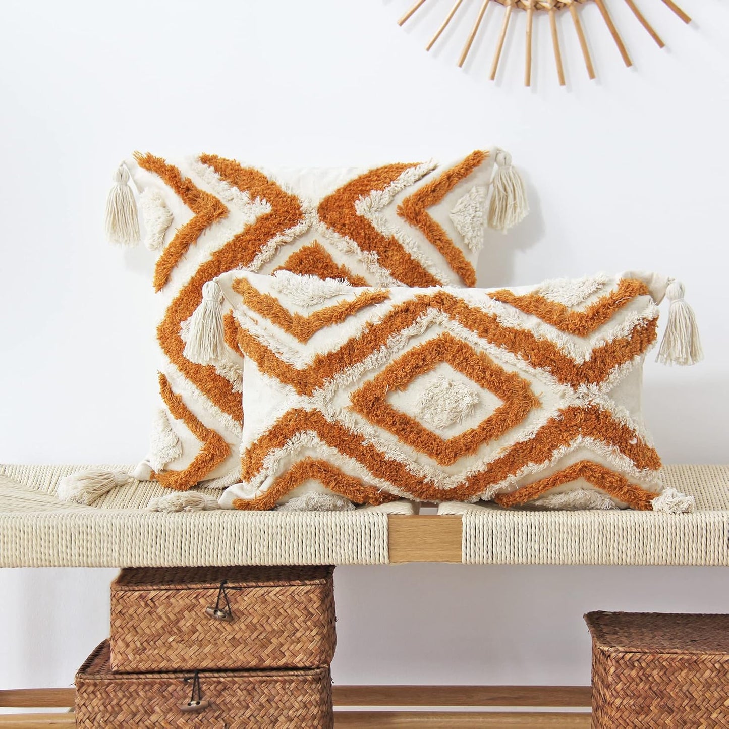 Boho Lumbar Throw Pillow Covers with Handmade Tassels Decorative Woven Tufted Orange Pillowcase for Couch Bedroom 12 X 20 Inch Orange B