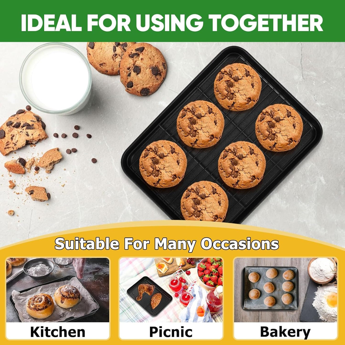 Baking Oven Sheet Pan with Rack for Cookie, Nonstick Oven Tray and Cooling Rack for Baking & Roasting, Easy Clean, Black, 10.4 X 8 Inch