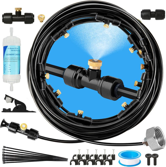 Misters for outside Patio, Garden Misting System for Cooling Outdoor,26Ft Misting Line,10 Mist Nozzles,Water Filter,Brass Adapter(3/4"), Outdoor Misters for Patio,Garden,Greenhouse