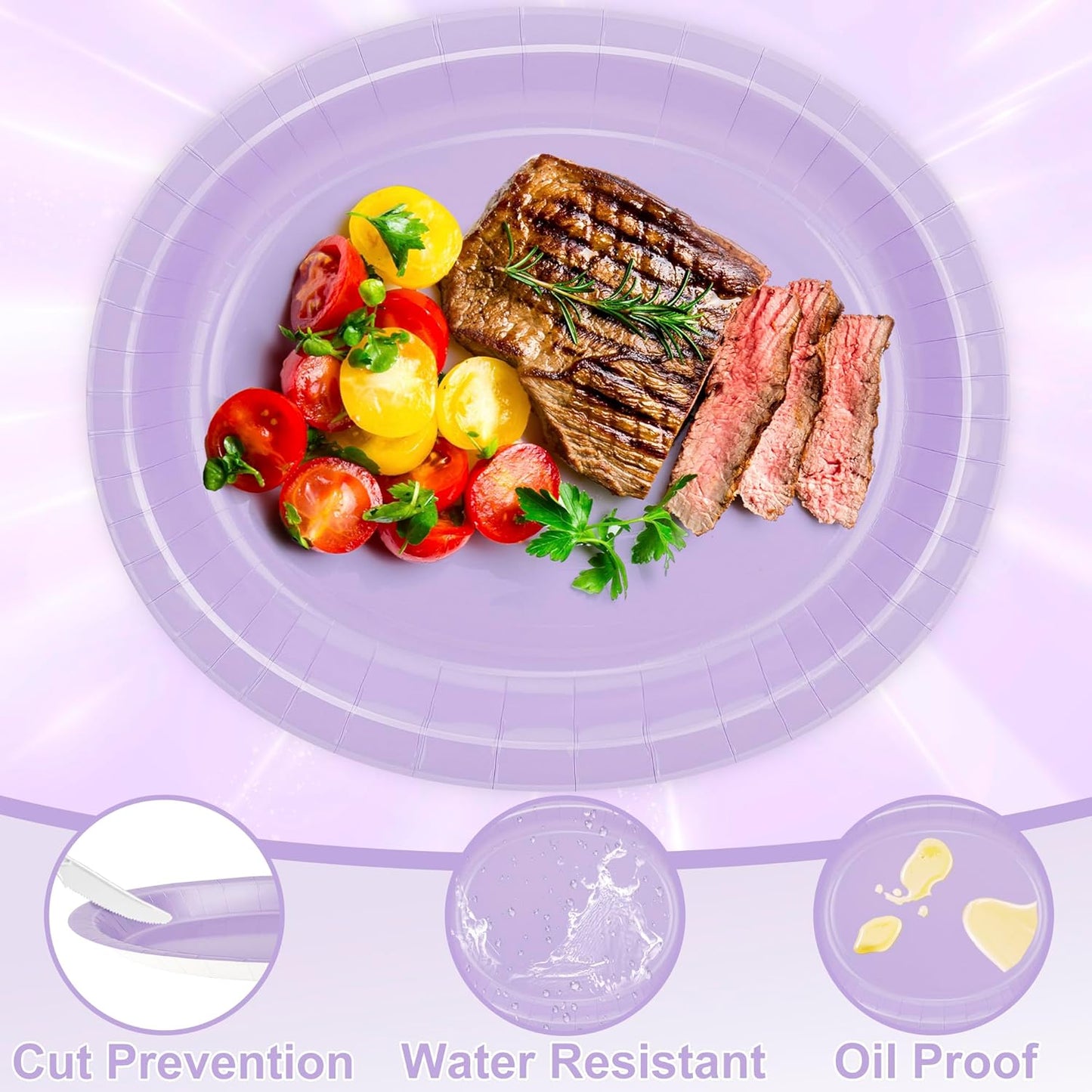 50 Count Oval Paper Plates, 12.2'' X 10.2'' Large Lavender Disposable Plates for Daily Dinner, Wedding, Birthday, Party, Picnic, Baby Shower, Barbecue