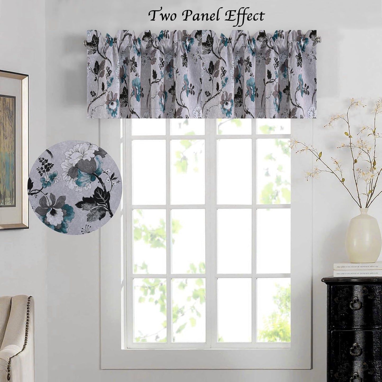Blackout Curtain Valances for Kitchen Window/Living Room/Bathroom Privacy Added Rod Pocket Home Decoration Winow Valance, 52" W X 18" L, Floral in Grey and Teal