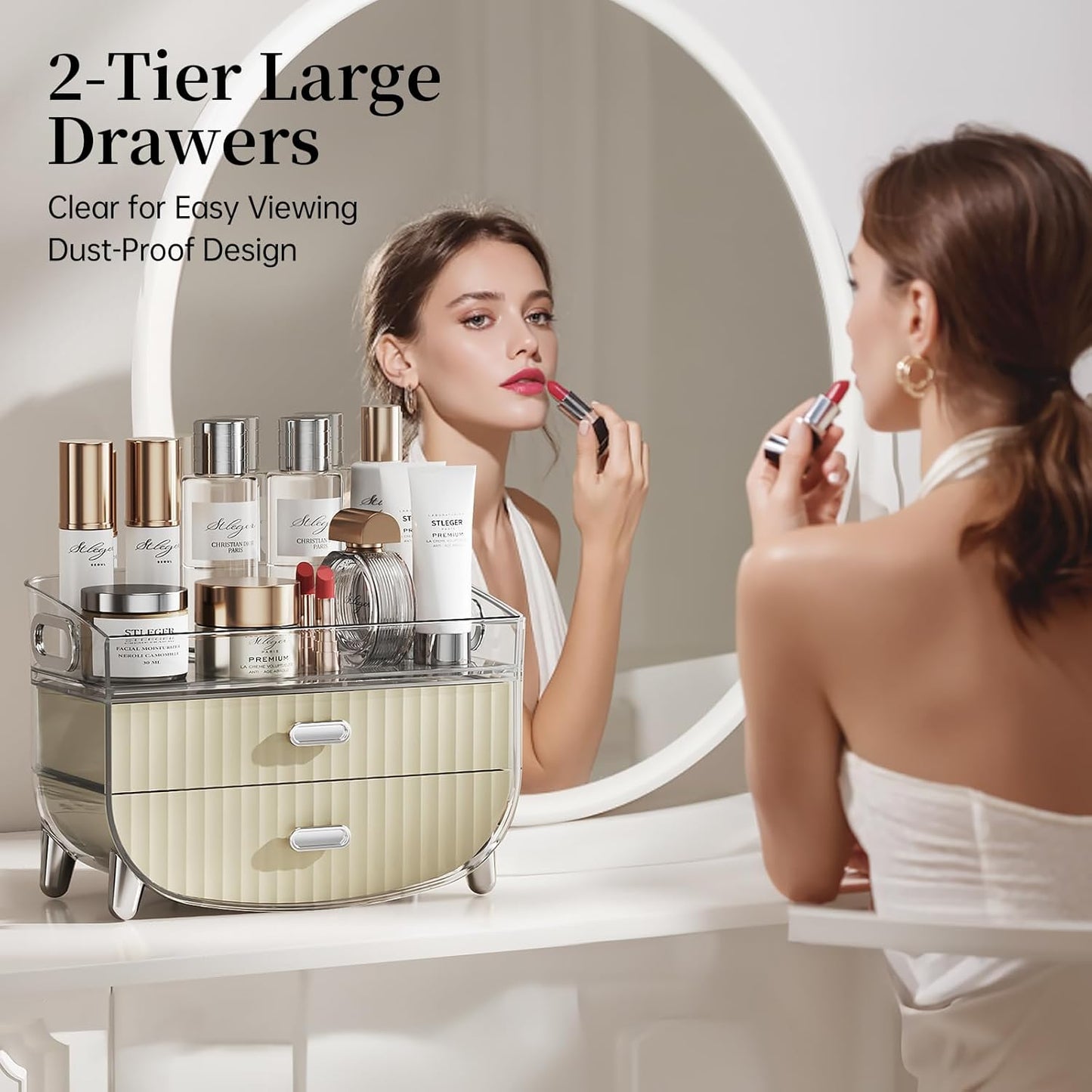 Makeup Organizer with 2 Drawers, Bathroom Storage with Four Non-Slip Feet and Dust-Proof, Simple and Stylish for Desktop, Vanity, Bathroom Countertops, White