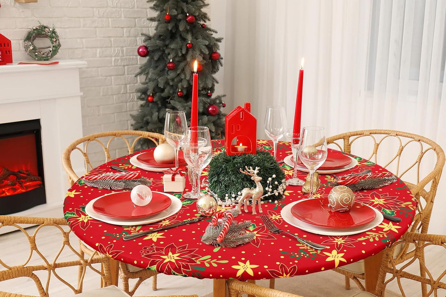 round Fabric Fitted Tablecloth, Elastic Waterproof Oil Proof Table Cloth, Washable Polyester Table Cover Fits 36"-44" round Tables for Outdoor Picnic Dinner, Flowers