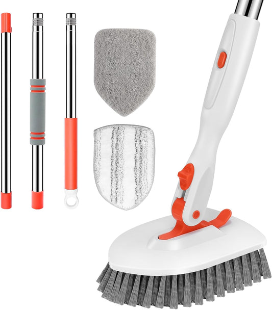 Floor Scrub Brush, 3-In-1 Tile Tub Floor Scrubber with 52-Inch Adjustable Long Handle Shower Cleaner and 3 Detachable Replacement Brush Heads for Cleaning Bathroom Kitchen Walls Tub Tile