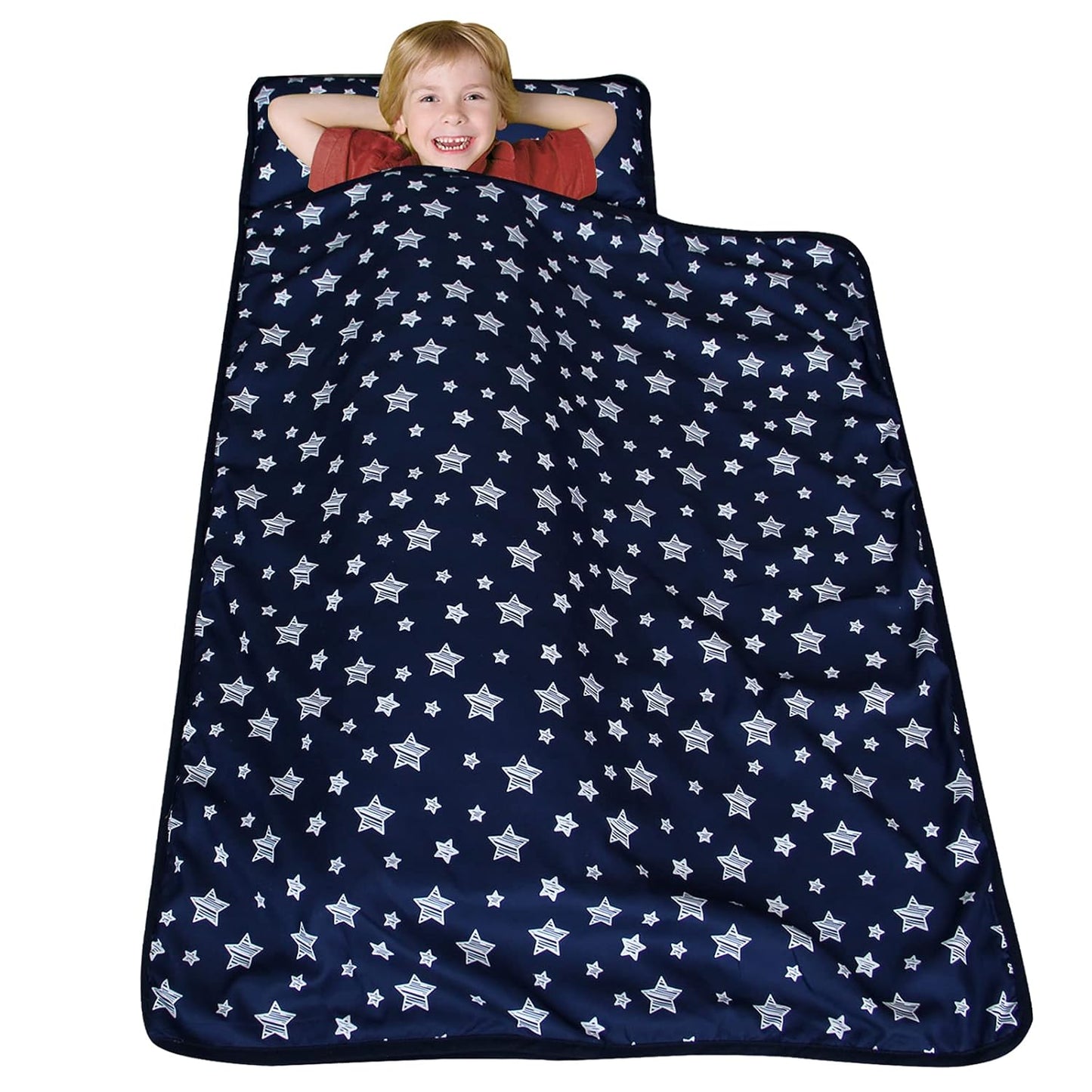 Toddler Nap Mat Boy Navy and Fleece Minky Blanket, Lightweight and Soft Perfect for Kids Preschool, Daycare, Travel Sleeping Bag for Boys, 21" X 50" Fit on a Standard Cot