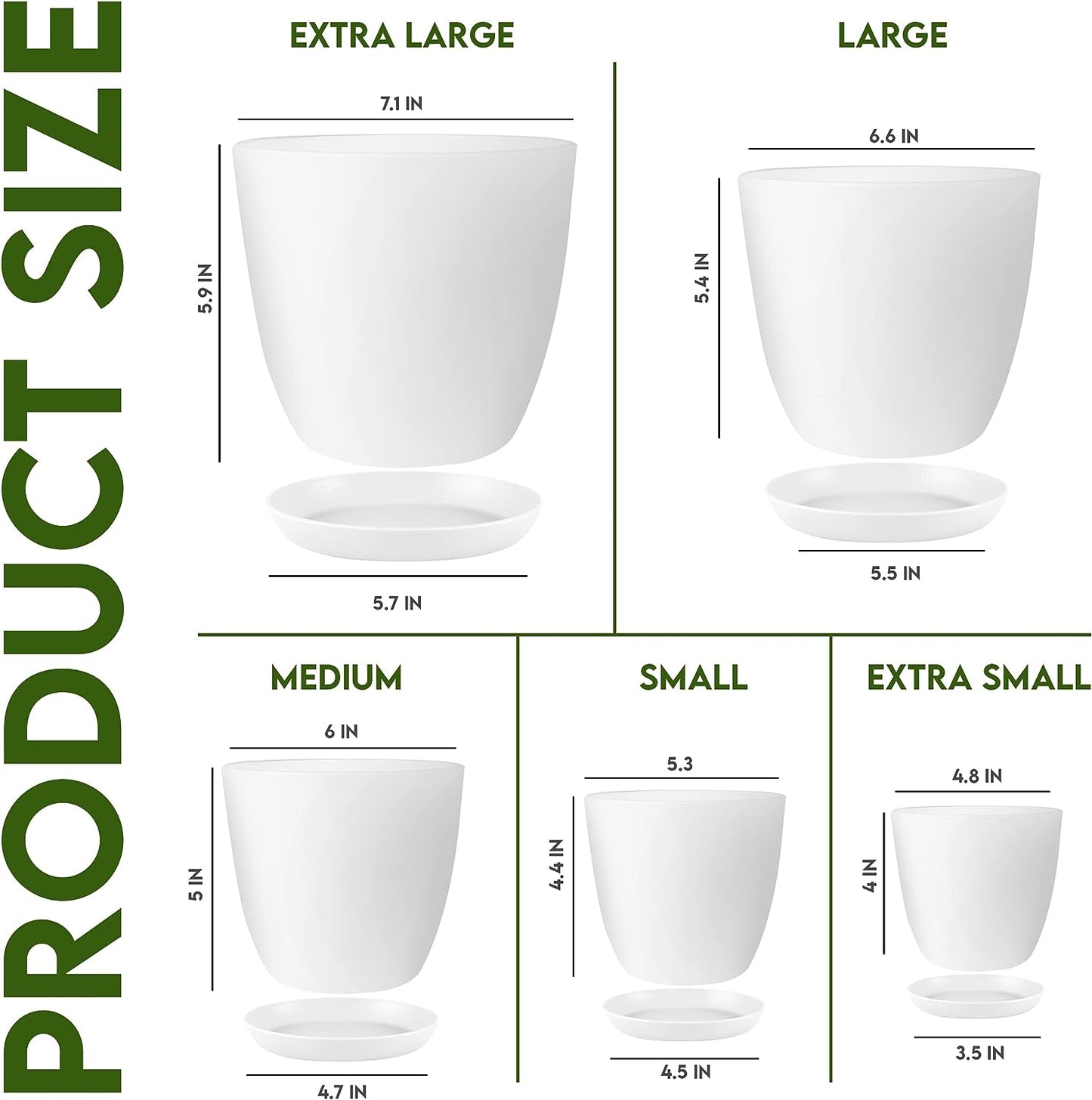 - Plant Pots Indoor with Drainage - 7/6.6/6/5.3/4.8 Inches Garden Flower Pots for Indoor Planter - 5 Pack White Plastic Planters - Ideal for Stocking Stuffers or Room, Office Home Decor