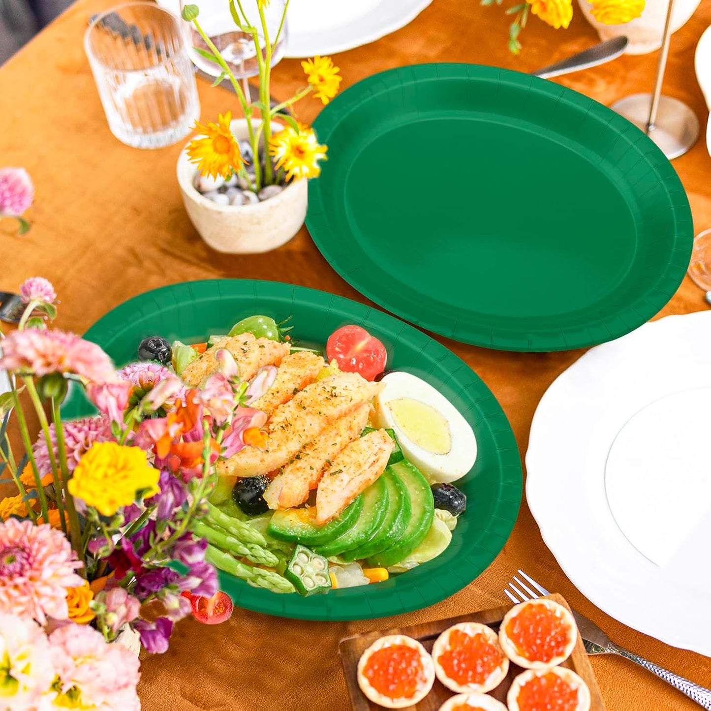 50 Count Large Green Oval Paper Plates, 12.2'' X 10.2'' for Daily Dinner, Outdoor Picnic, Birthday Party, Barbecue, Holiday - Disposable Bulk Party Supplies