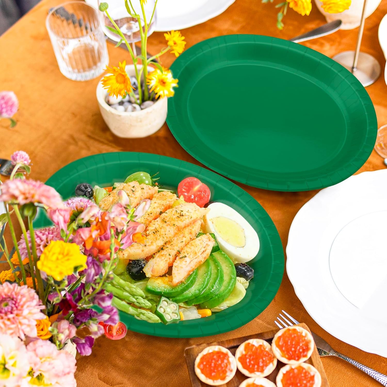 50 Count Large Green Oval Paper Plates, 12.2'' X 10.2'' for Daily Dinner, Outdoor Picnic, Birthday Party, Barbecue, Holiday - Disposable Bulk Party Supplies