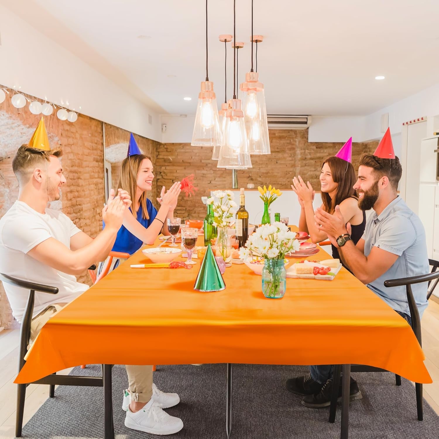 Set of 2 Orange Iridescent Disposable Tablecloths - 40 x 108 Inches - Shiny Holographic Plastic Covers for Party, Wedding, and Banquet Decor