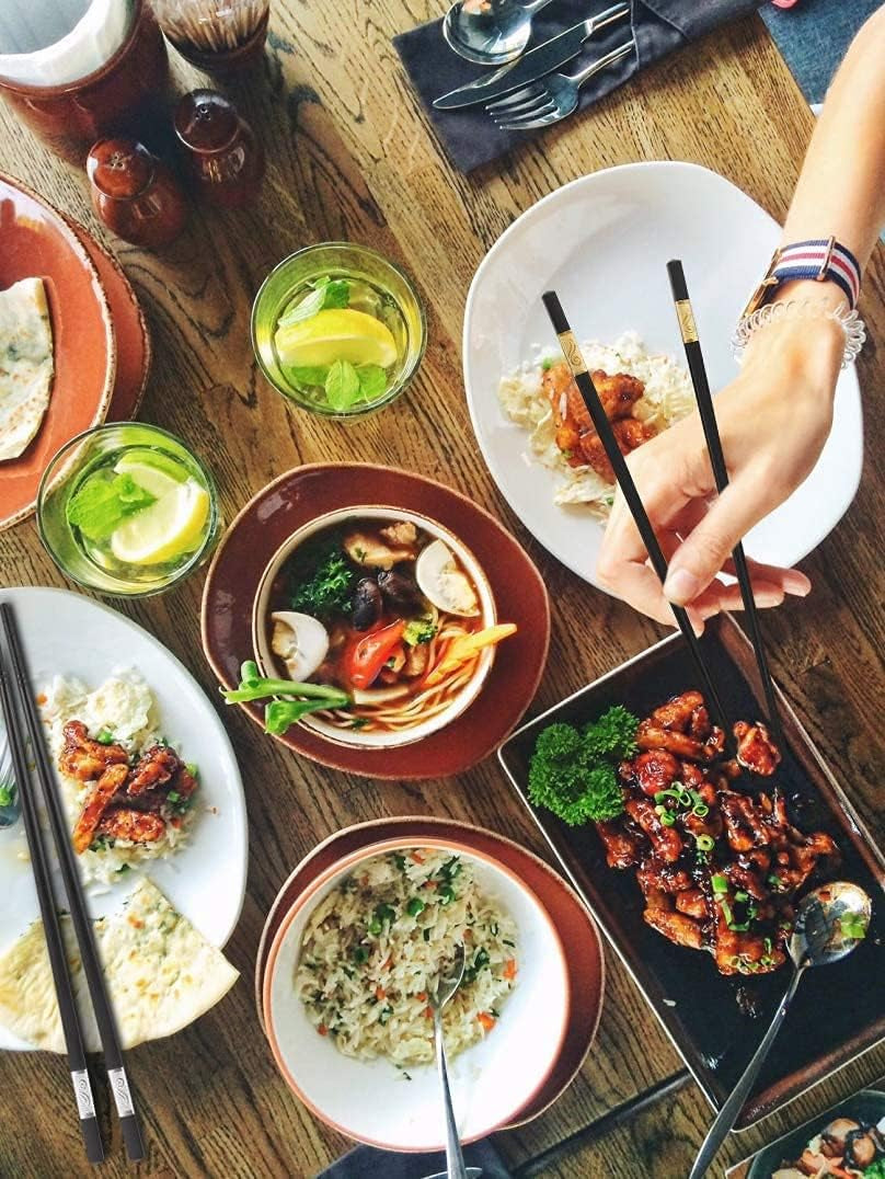 10 Pairs Fiberglass Chopsticks - Reusable Chopsticks Dishwasher Safe, 9 1/2 Inches - Gold