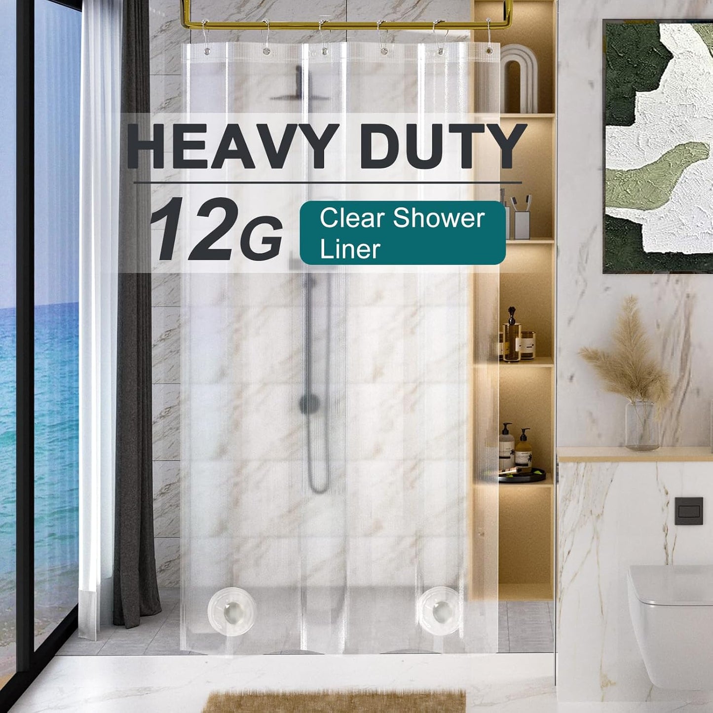 Heavy Duty Stall Shower Curtain Liner 12 Gauge, 36 X 72 Inches Clear Weighted Plastic Shower Liner with 2 Weighted Stones and 6 Rustproof Metal Grommet