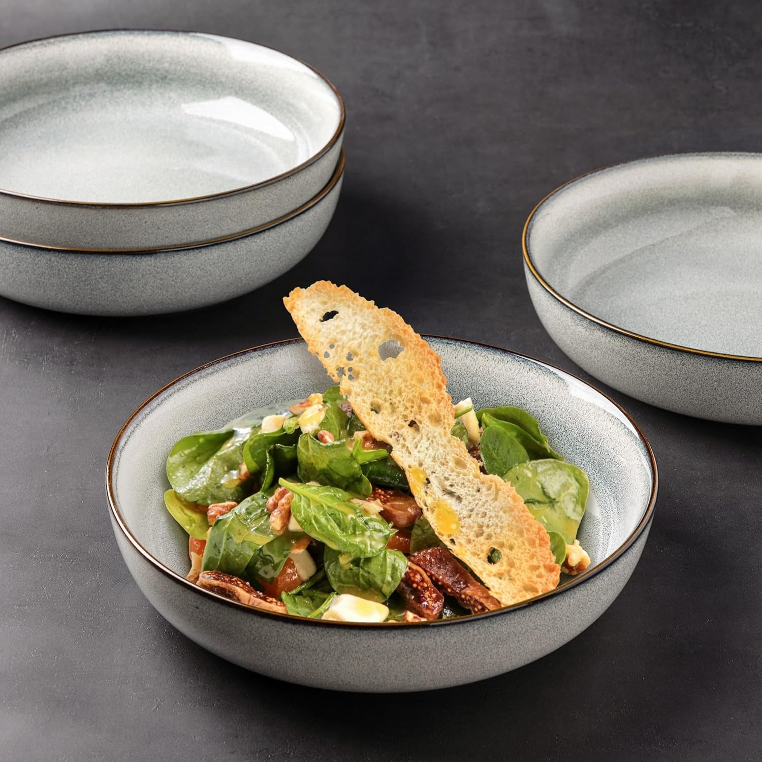 Large 9-Inch Ceramic Pasta Bowls Set of 4, 38oz Stoneware Serving Bowls for Kitchen, Versatile Wide Bowls for Fruit, Pasta, Salad, Oatmeal, Microwave Safe with Reactive Glaze in Green Wheat