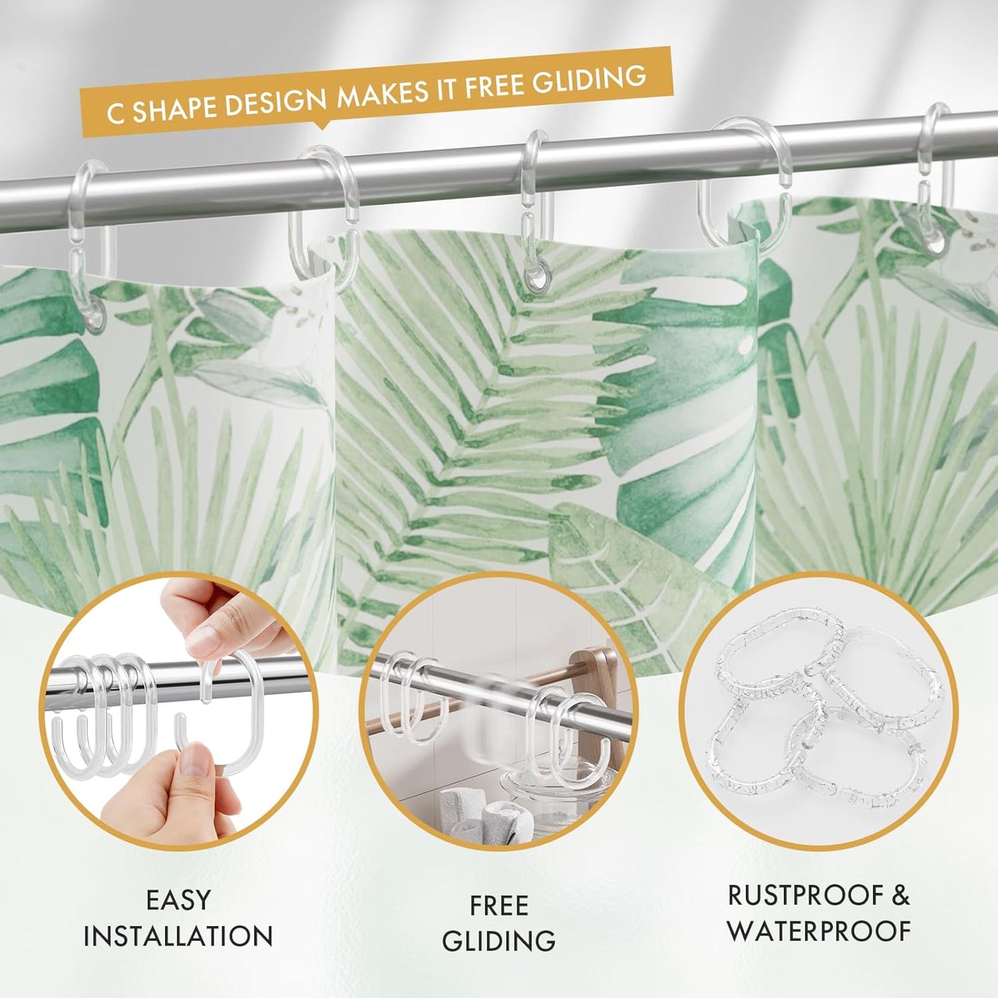 Plastic Shower Curtain Rings, Shower Curtain Hooks, 24 Pcs C Shaped Shower Hooks for Shower Curtain, Clear Shower Curtain Hooks for Bathroom