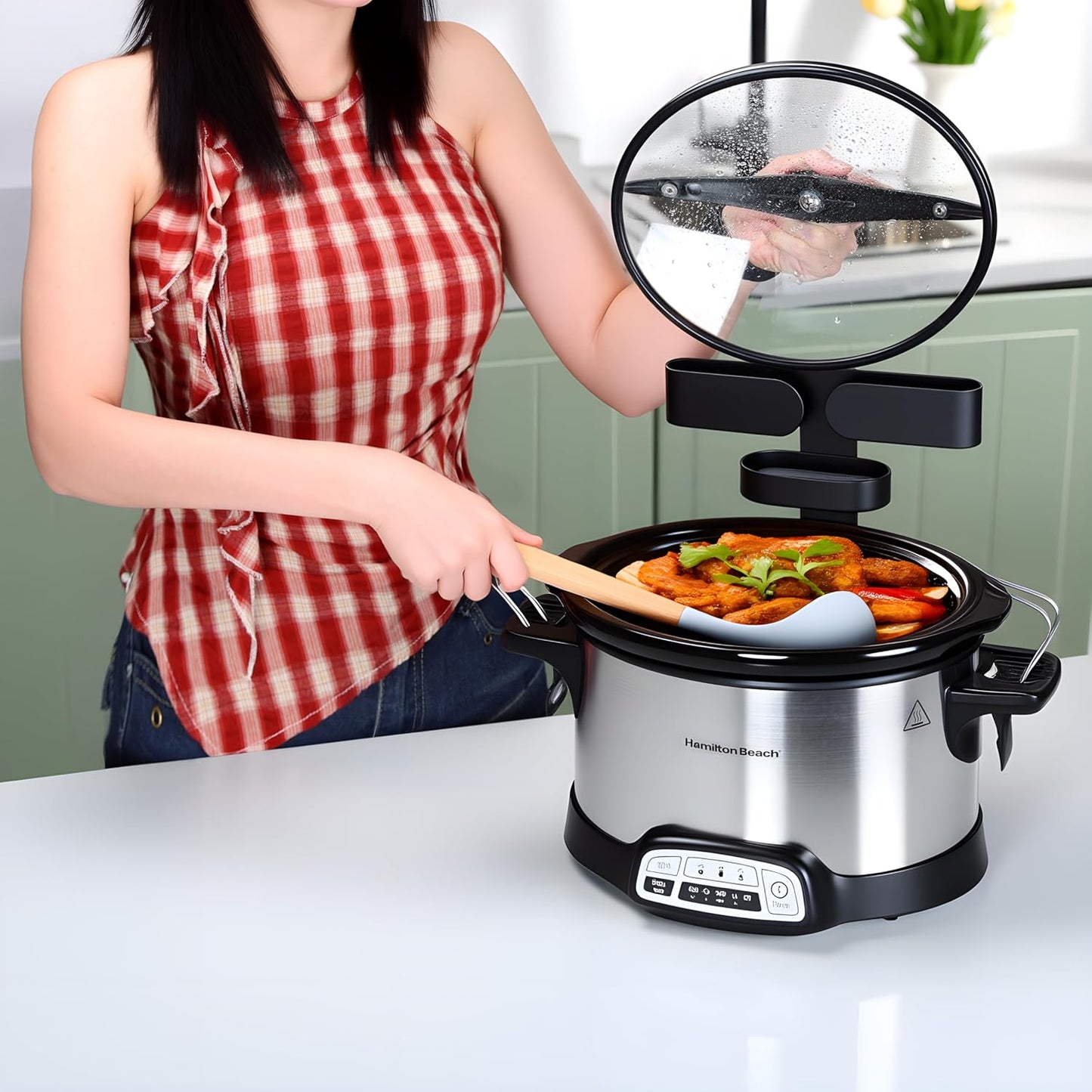 Crock Pot Lid Holder with Fast-Drying Diatomite Stone - Universal Fit for Most Slow Cookers, Space-Saving Cooking Accessory in Black