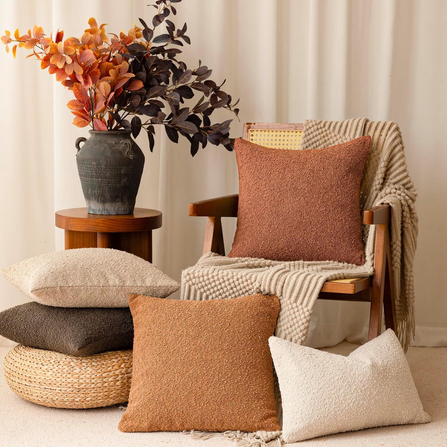 Pack of 2 Textured Boucle Throw Pillow Covers Accent Solid Decorative Lumbar Pillow Cases Soft Couch Cushion Case for Chair Sofa Bedroom Living Room Home Decor 12X20 Inch Burnt Orange Hazel