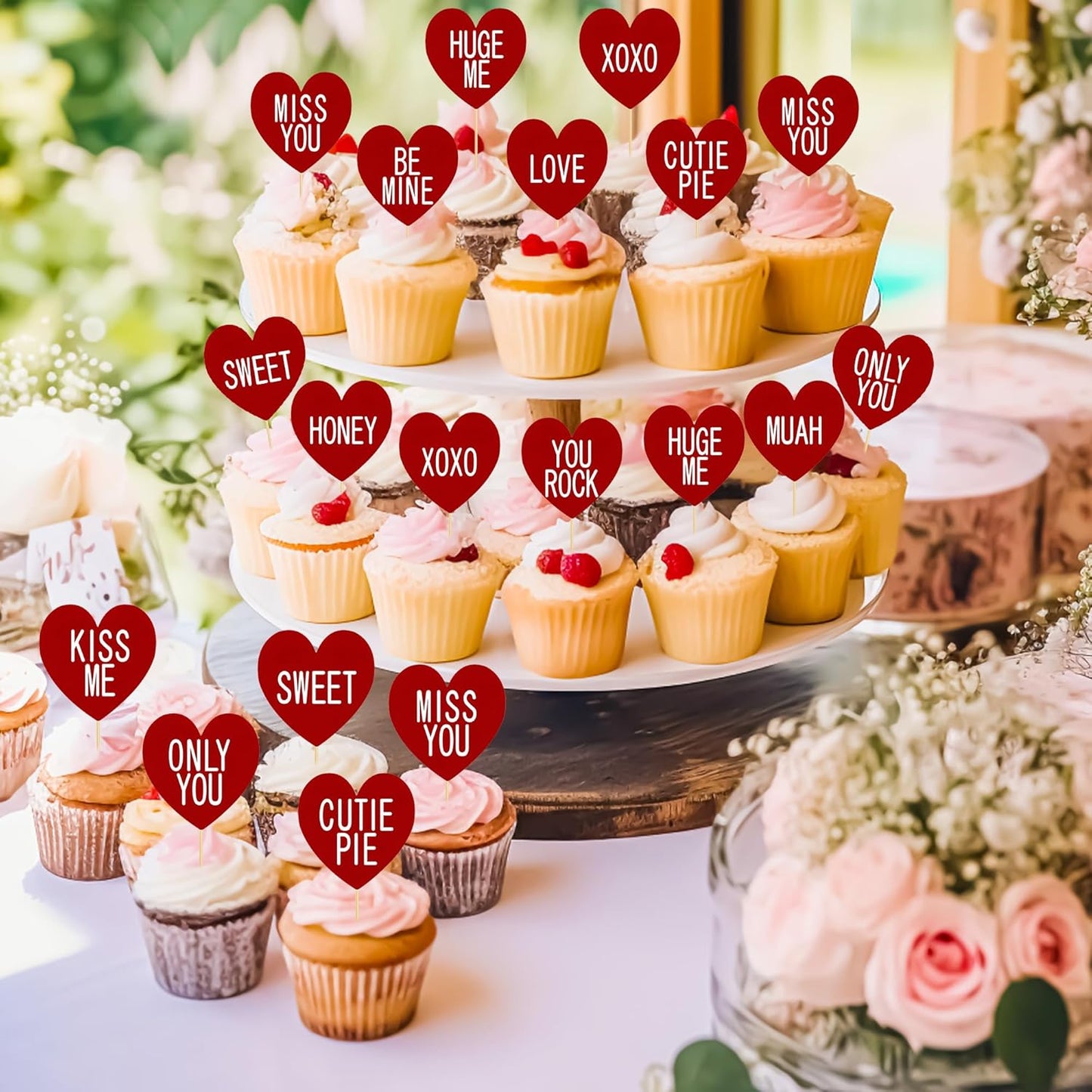 24 PCS Valentines Cupcake Toppers, 4.53 in Conversation Red Cake Toppers, "LOVE" "KISS ME" Design Heart Cupcake Toppers Valentines Day Cake Toppers, Wedding Cake Decor Valentine Cupcake Decorations