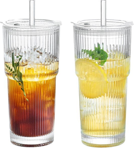 2 Pack 20Oz Glass Cups with Lids and Straws, Vintage Ribbed Glassware for Whiskey Cocktail Beer, Mason Jar Drinking Glasses Tumbler Iced Coffee Cup
