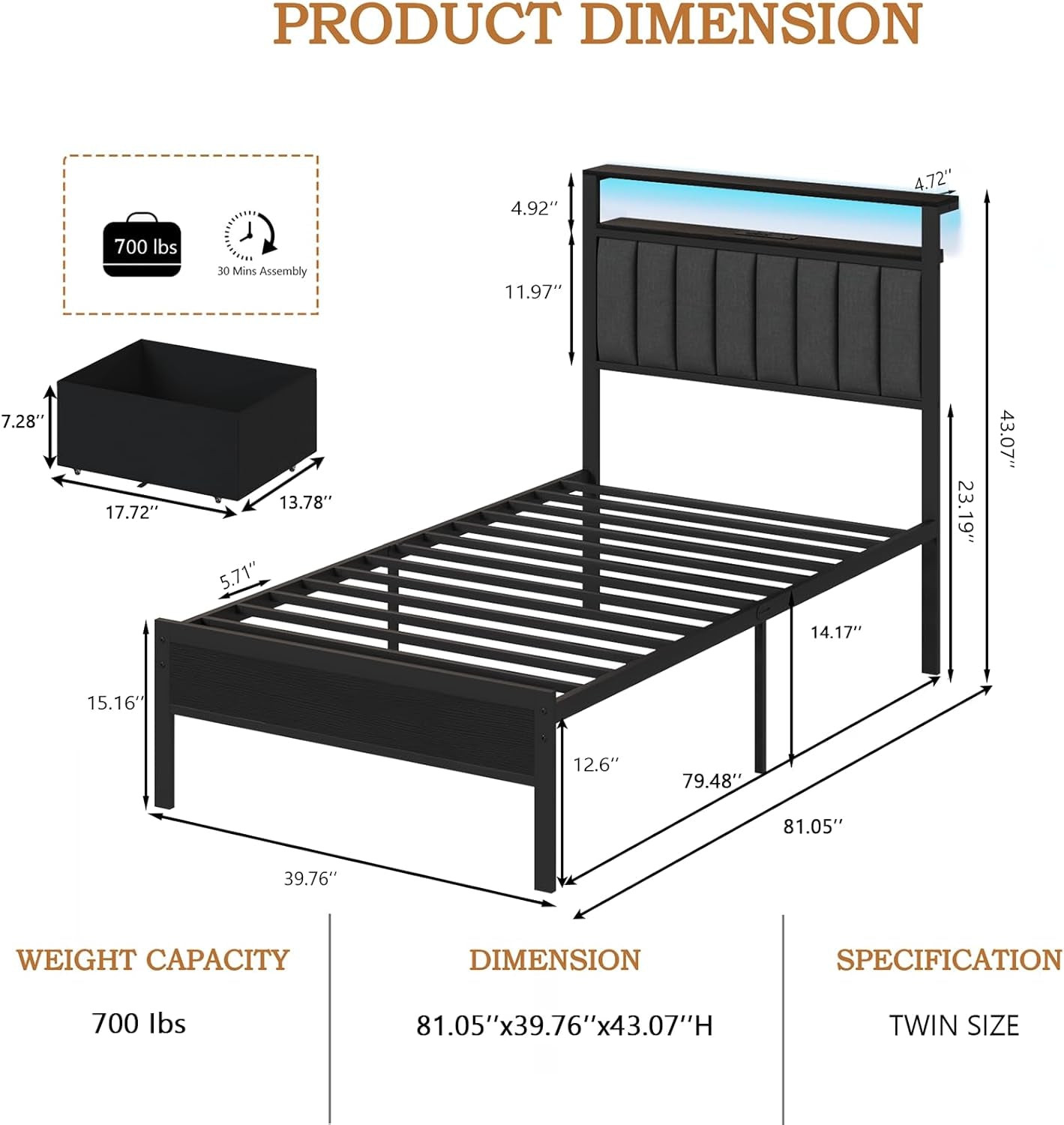Twin Bed Frame with Integrated Charging Station and LED Lighting, Grey Upholstered Headboard with Shelving, Metal Platform Design featuring Under-Bed Storage Drawers on Wheels, No Box Spring Required