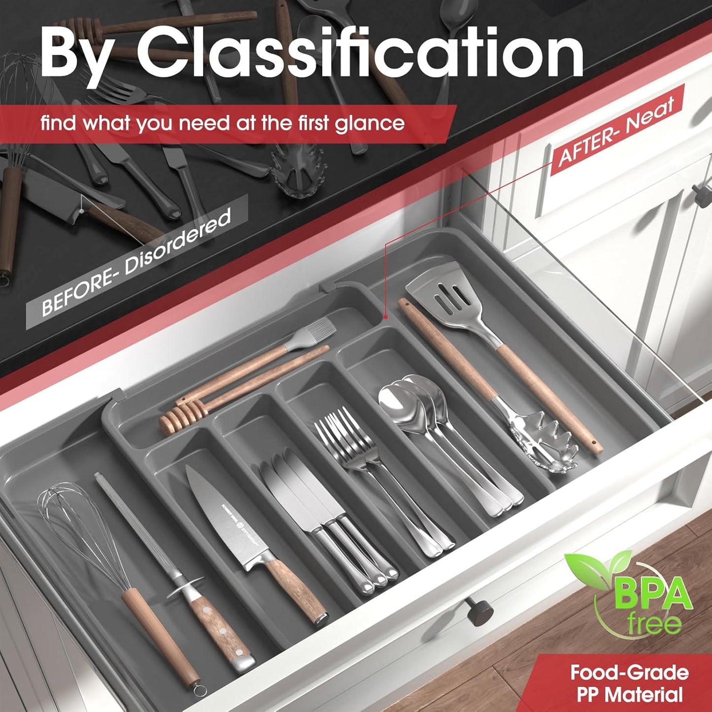 Silverware Organizer - Expandable Kitchen Drawer Organizer, Adjustable Utensil Organizer, Cutlery Tray for Forks, Knives, Multipurpose Kitchen Organizers and Storage Solution, Grey, Medium
