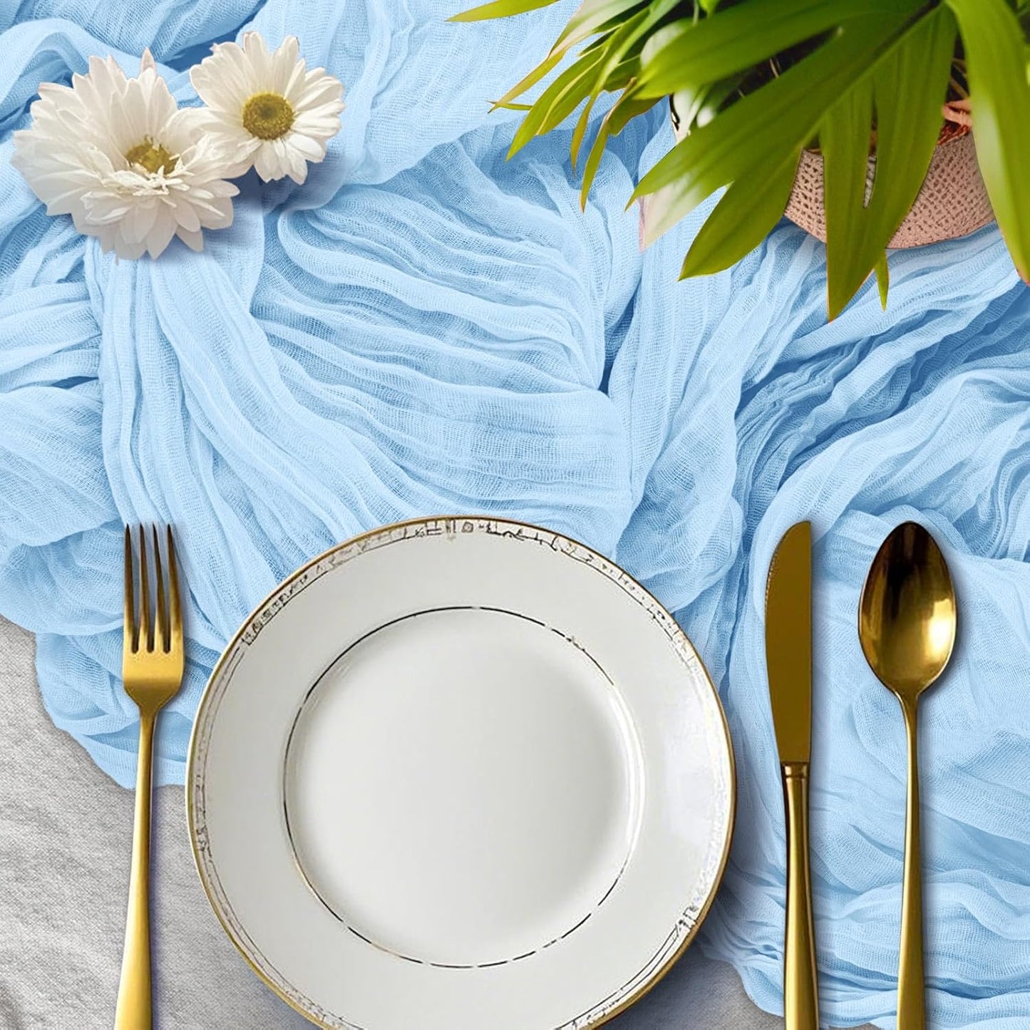 Light Blue Cheesecloth Table Runner, 120 Inch 10Ft Boho Rustic Gauze Cheese Cloth Runner for Wedding Bridal Shower Baby Shower Birthday Party Easter Table Decorations