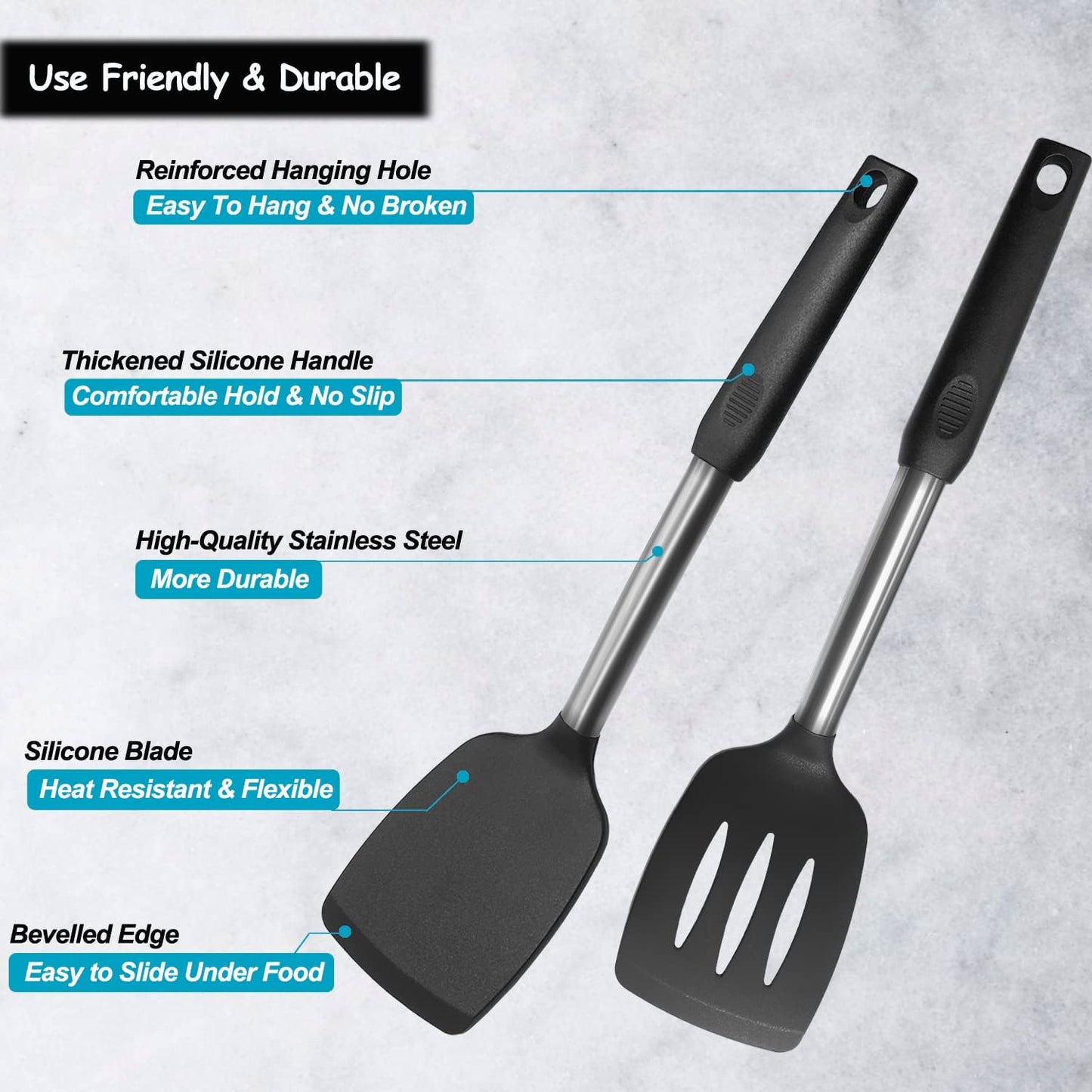 Silicone Spatula and Cooking Spoon,5 Pack Non-Stick Cooking Utensils for Kitchen,Heat Resistant Solid & Slotted Spoons and Spatulas, Stainless Steel Handle Coated with Silicone,Black